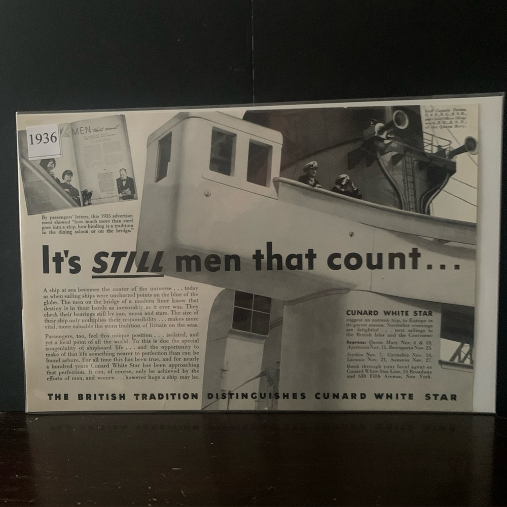 Vintage 1936 Cunard White Star It's Still Men That Count Ad Advertisement